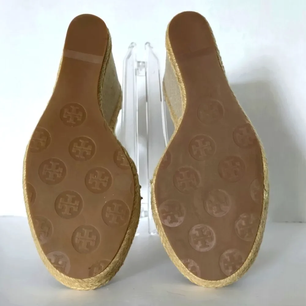 Tory Burch Kate Linen Espadrille Natural Gold Wedge Size 6